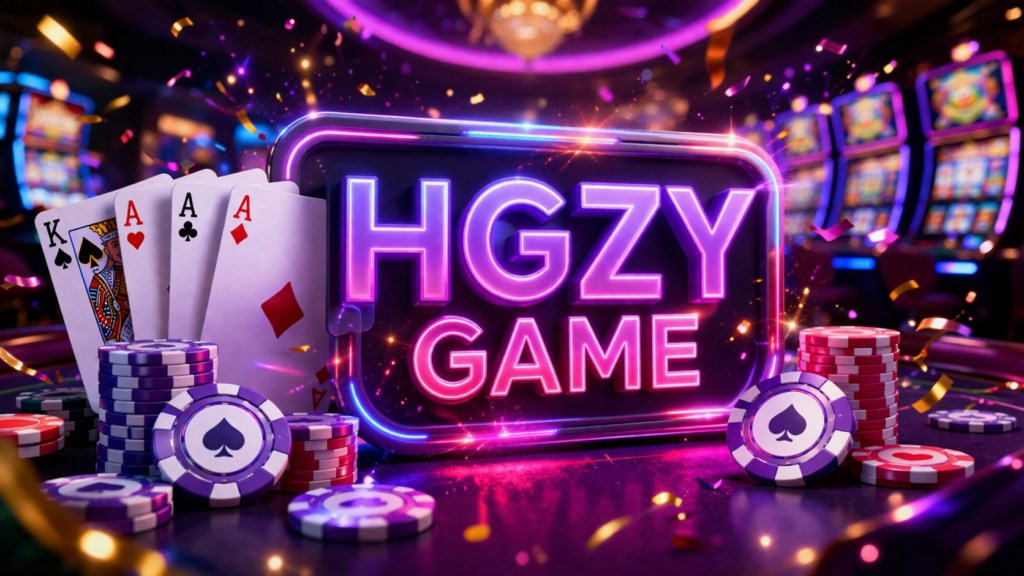 HGZY GAME casino banner with neon purple and pink text, playing cards, chips, dice, and glowing slot machine background