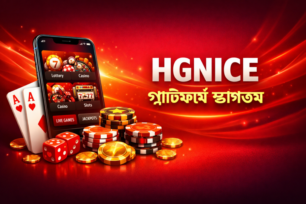 HGNICE gaming platform welcome banner with casino chips, cards, and mobile app interface